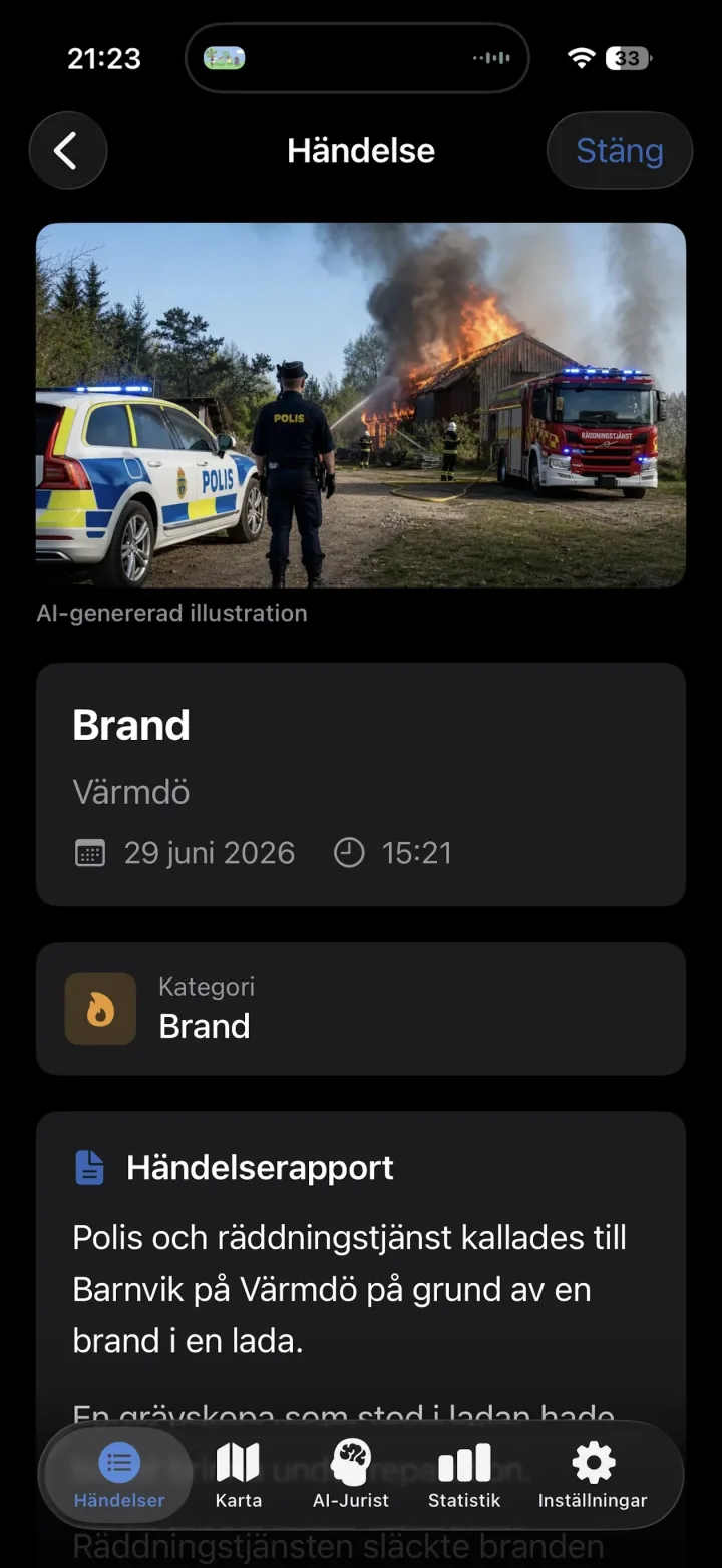 Blåljus app — detaljvy för en händelse med karta