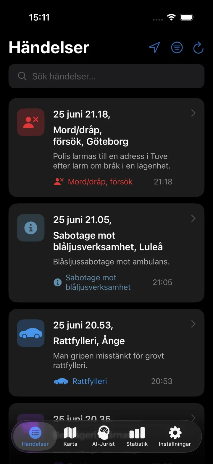 Blåljus app — händelseflöde med sök och kategorier