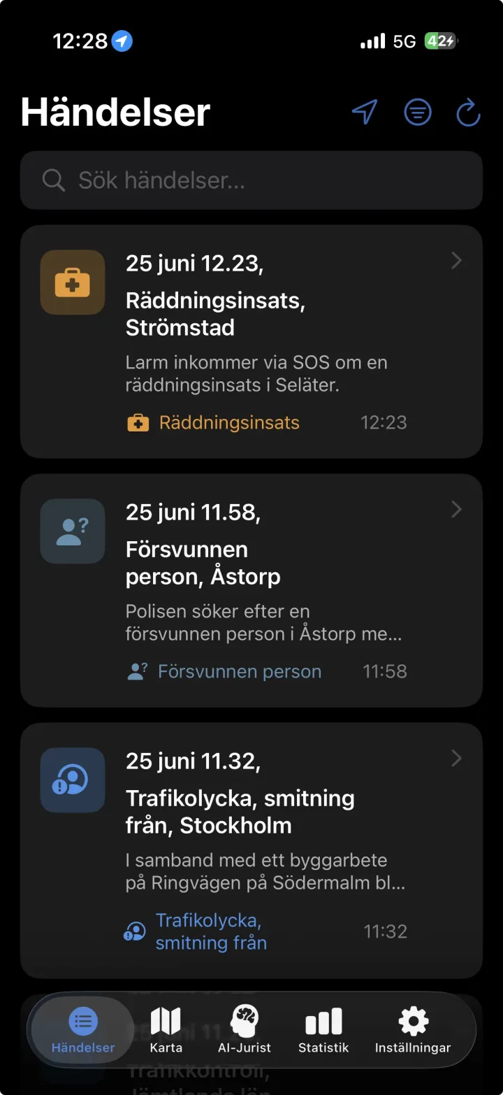 Blåljus app — händelselista med senaste polishändelser