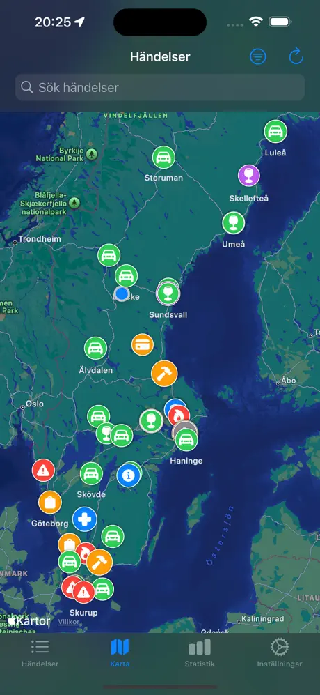 Blåljus app — karta med polishändelser i realtid