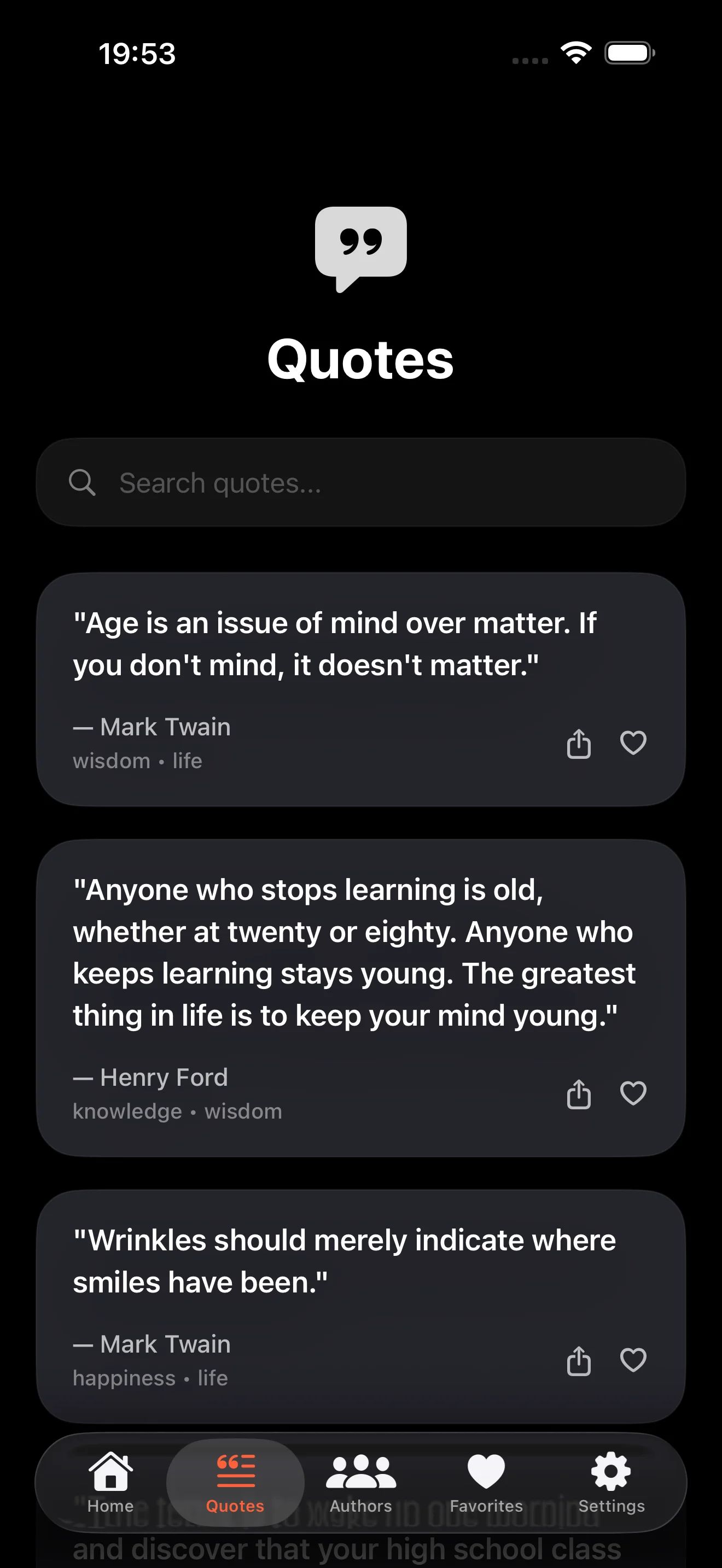 World of Quotes app browse quotes - Scrollable list of inspirational quotes