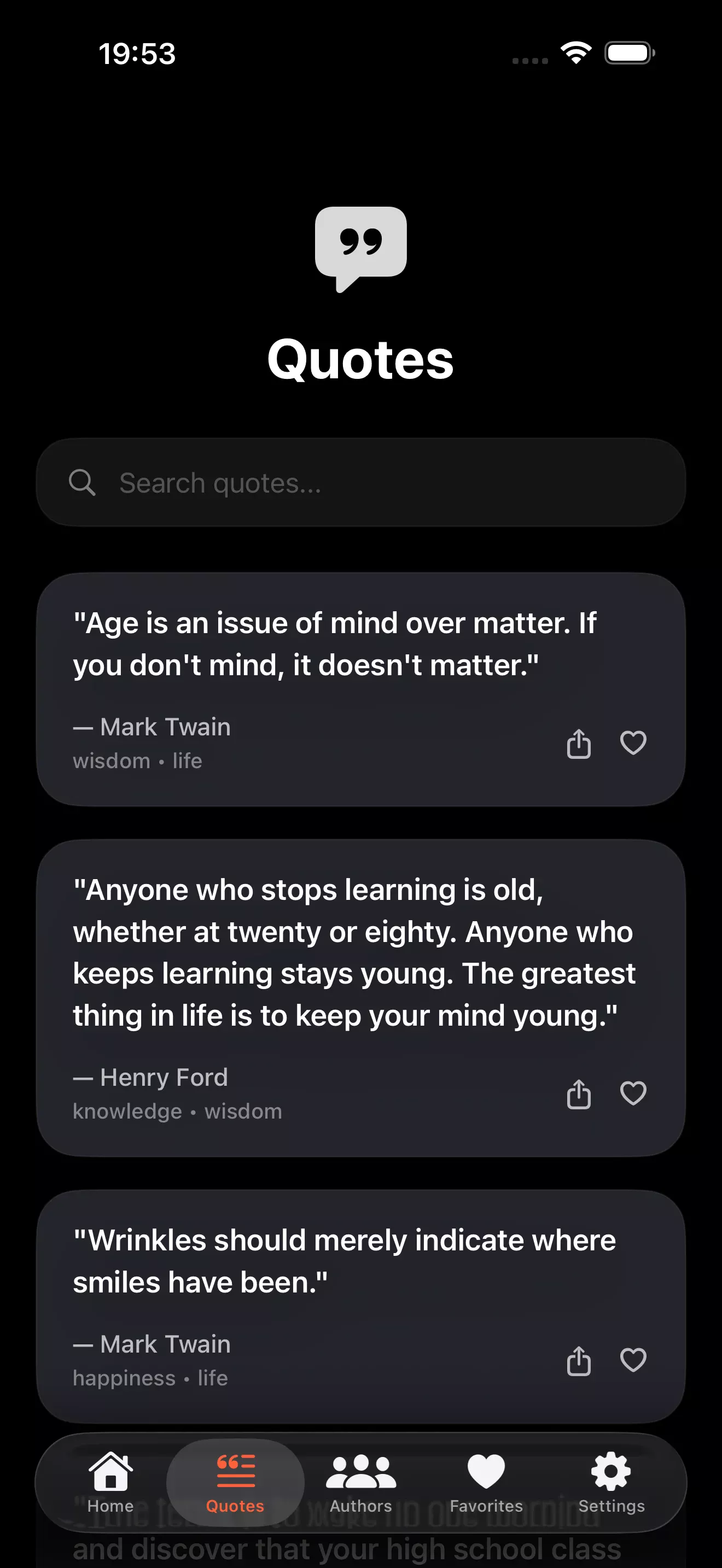 World of Quotes app browse quotes - Scrollable list of inspirational quotes